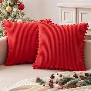2 Pcs Christmas Decorative Throw Pillow Covers with Pom-poms | 18x18 inch | Red